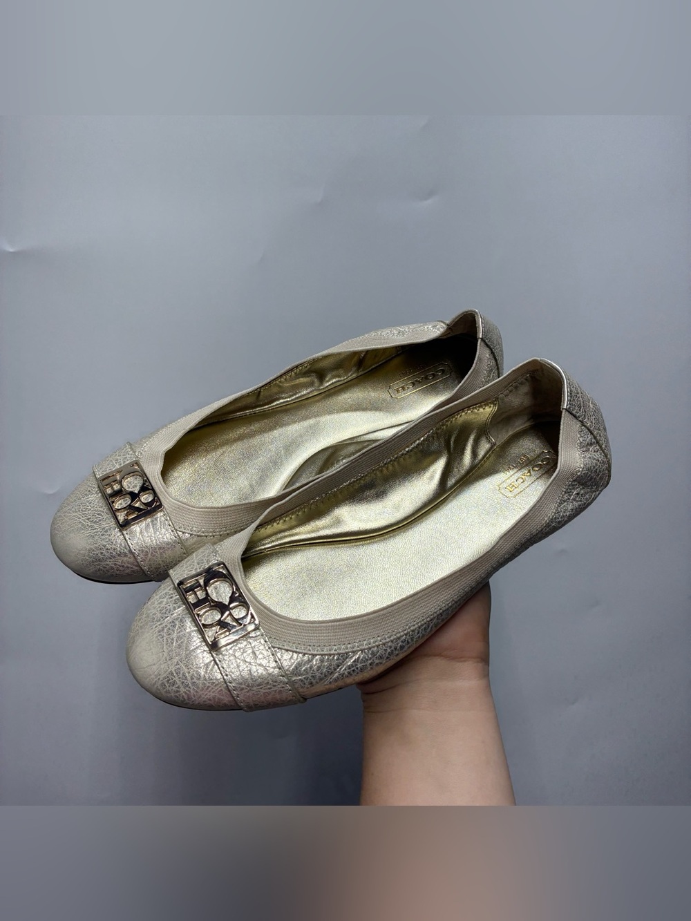 Coach Dora Cuba Metallic Ballet Flats Platinum Silver Leather Size 9B Women